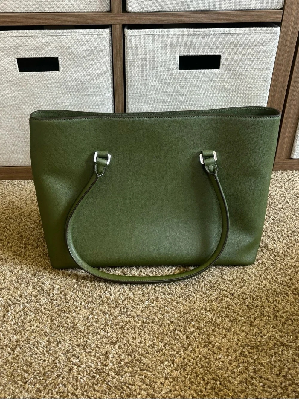 Kate Spade Olive Green Leather Tote Bag with Turn-Lock